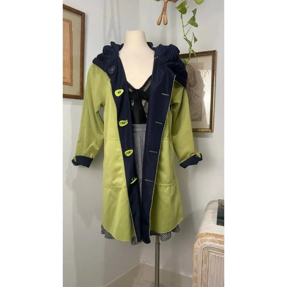 VTG Reversible Coat Navy Green Oversized Hooded Raincoat Classic Outwear Jacket - Picture 2 of 10